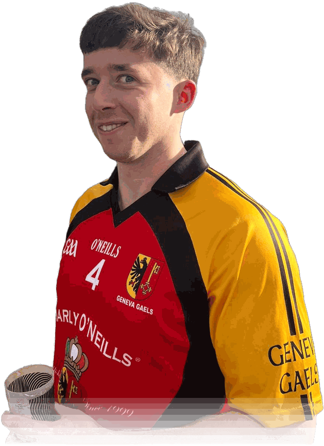 Daniel Fawsitt smiling in the red and gold number 4 Geneva Gaels jersey